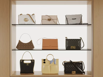 Trendy Designer Bags on Display Shelves with Various Colors Tote Shoulder and Chain Styles 3d model