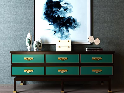 Green Drawer TV Stand With Gold Handles Dark Frame And Decorative Items On Gray Wall 3d model