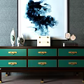 Green Drawer TV Stand With Gold Handles Dark Frame And Decorative Items On Gray Wall