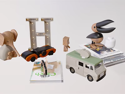 Wooden Toys Collection With Elephant Truck Bird And Camper Van For Kids 3d model