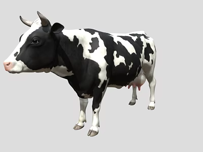 Black and White Spotted Cow with Horns Standing on Gray Background 3d model
