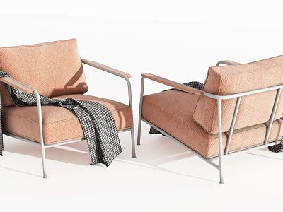 Modern Single Sofa Brown Upholstered with Silver Metal Frame and Black White Checkered Blanket 3d model