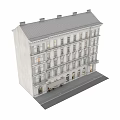 Multi Story White Residential Building Featuring Ornate Details Ground Floor Storefronts And Lit Windows