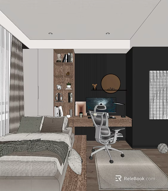 Tatami Bedroom Interior Design With Wooden Bookshelf Round Mirror Desk And Office Chair 3d model 