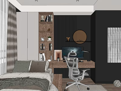 Tatami Bedroom Interior Design With Wooden Bookshelf Round Mirror Desk And Office Chair 3d model