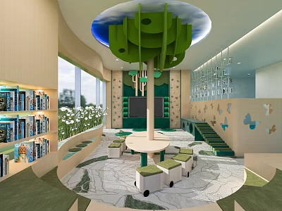 Colorful Kindergarten Interior With Green Tree Ceiling Decor Round Tables And Bookshelves 3d model