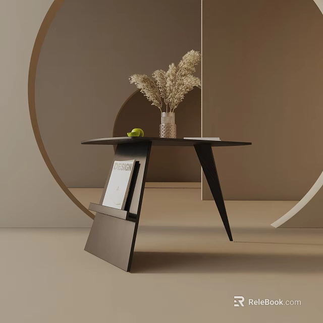 Modern Black Side Table with Dried Flower Vase Green Apple and Magazine in Minimalist Decor 3d model 