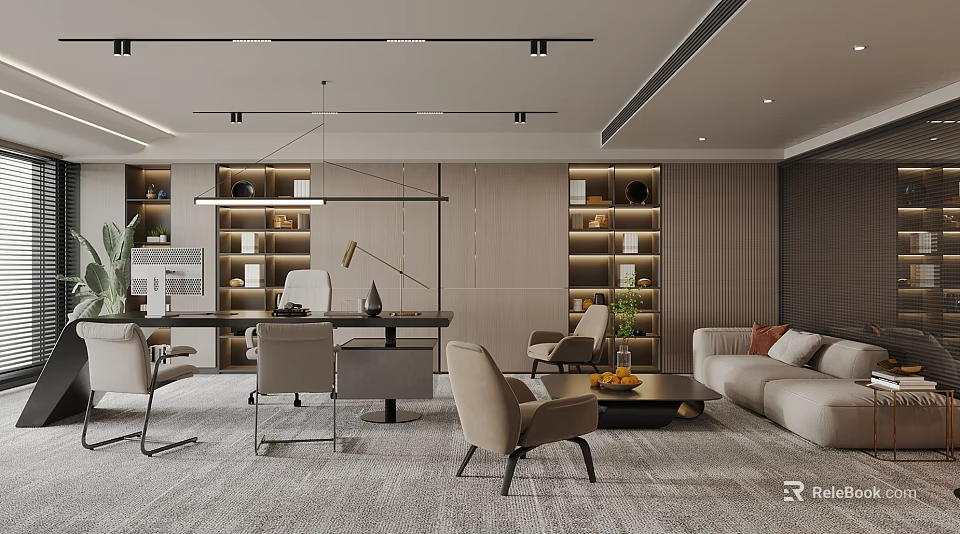 Modern Office Interior Design With Desk Chairs Sofa Bookshelves And Potted Plant 3d model 