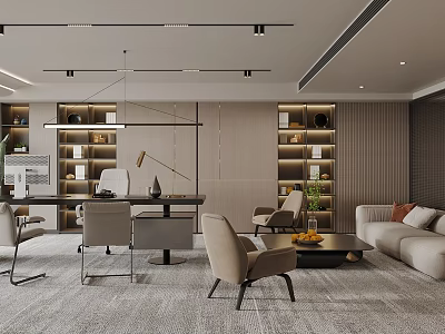 Modern Office Interior Design With Desk Chairs Sofa Bookshelves And Potted Plant 3d model
