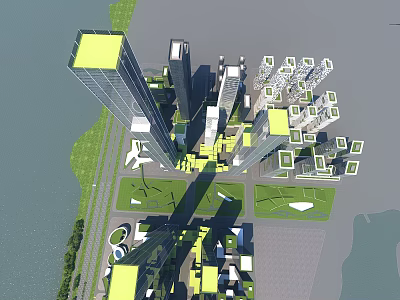 Modern Office Building Complex With Green Roofs Waterfront Roads And Urban Planning 3d model
