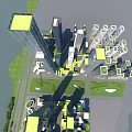 Modern Office Building Complex With Green Roofs Waterfront Roads And Urban Planning