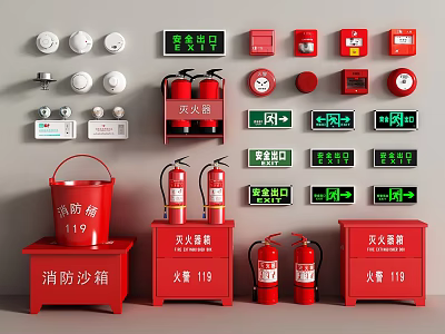 Essential Fire Safety Equipment Including Fire Extinguishers Buckets Sand Box Signs And Smoke Detectors 3d model