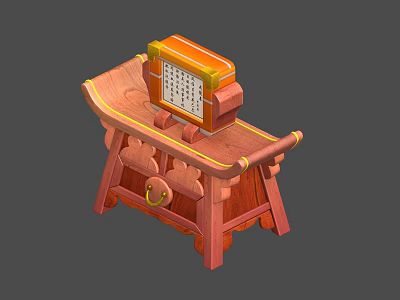 Red Wooden Carved Stand With Orange Box Featuring Grid And Characters 3d model
