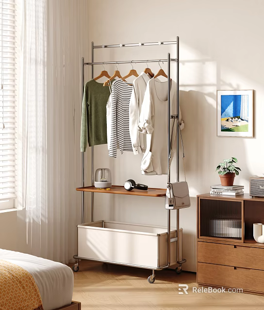 Sturdy Metal Clothes Rack With Hanging Clothes And Wooden Shelf In Sunlit Room 3d model 