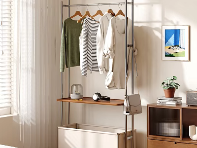 Sturdy Metal Clothes Rack With Hanging Clothes And Wooden Shelf In Sunlit Room 3d model