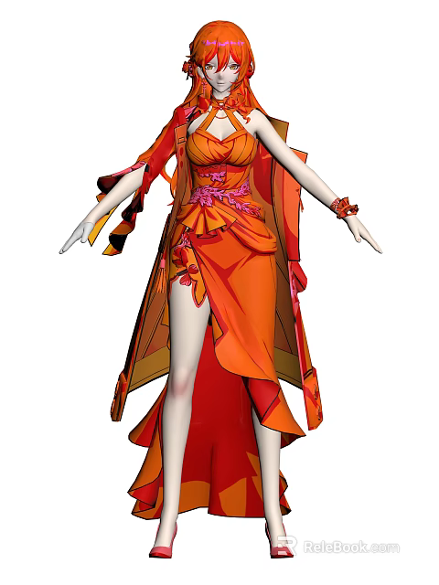 Woman In Orange Red Traditional Dress With Flowing Skirt And Decorative Patterns 3d model 