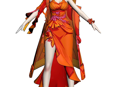 Woman In Orange Red Traditional Dress With Flowing Skirt And Decorative Patterns 3d model