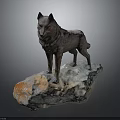 Detailed Artistic Wolf Sculpture Standing On Natural Stone Base With Textured Surface