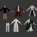 Various Clothing Models With Different Styles Including Black Dress Brown Coat And Green Robe