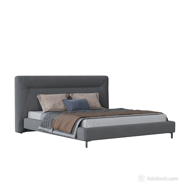 Modern Double Bed With Grey Headboard Soft Pillows And Warm Blanket 3d model