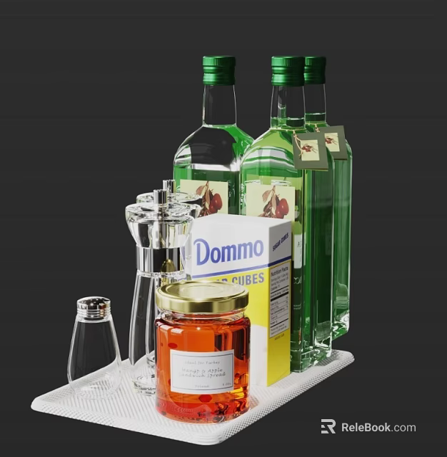 Domino KIBES Green Wine Bottles With Wine Glasses And Honey Jar On Tray 3d model 