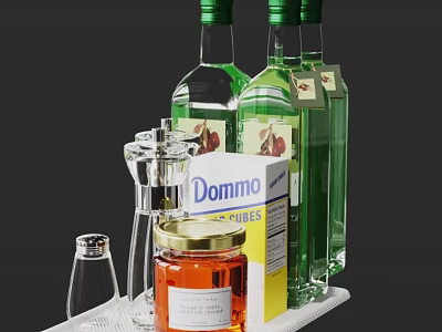 Domino KIBES Green Wine Bottles With Wine Glasses And Honey Jar On Tray 3d model