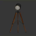 Vintage Tripod Spotlight With Wooden Legs And Illuminated Metal Head