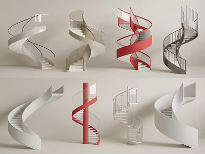 Modern Spiral Staircase Designs With Red White Gray Colors And Metal Railings 3d model