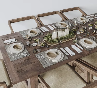 Neatly Arranged Tableware Set On Wooden Dining Table With Greenery And Candles 3d model