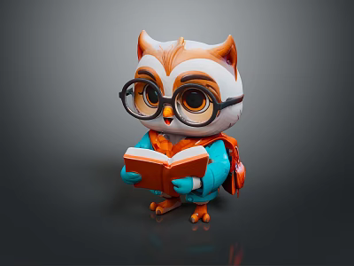 Cute Cartoon Owl Wearing Glasses Reading Story Book With Orange Backpack 3d model