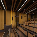 Modern Theater Auditorium With Large Screen Wooden Floor And Rows Of Seats