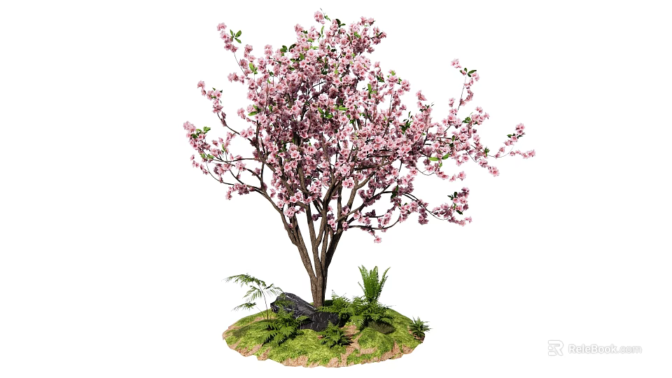 Ornamental Tree with Pink Blossoms Green Grass Small Plants and Stone Base 3d model 
