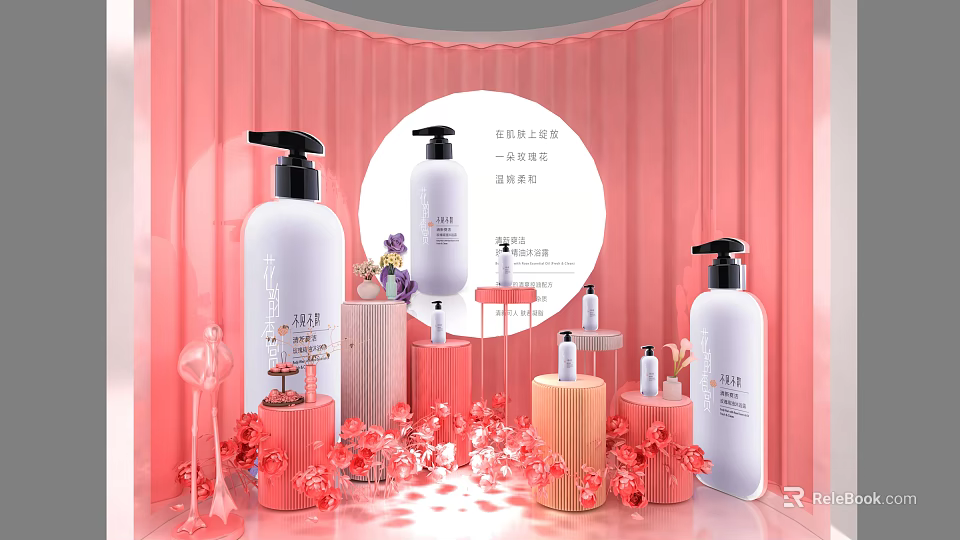 Natural Floral Scent Hair Care Products With Pink Background And Flower Decorations 3d model 
