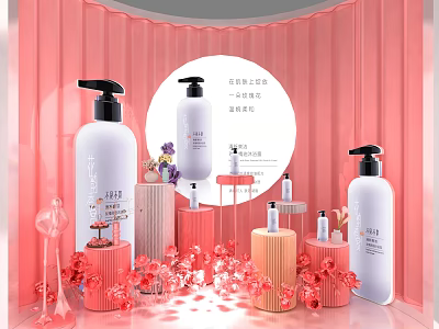 Natural Floral Scent Hair Care Products With Pink Background And Flower Decorations 3d model