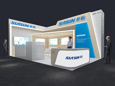 Modern SIASUN Exhibition Booth Design With Blue White Color Scheme Display Screens And Reception Counter 3d model
