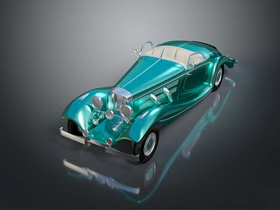 Vintage Teal Convertible Car with Classic Design and Shiny Exterior on Reflective Background 3d model