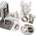 Modern Decorative Ornament Set with Books Geometric Sculptures Vase Eucalyptus Branch Tray and Candles