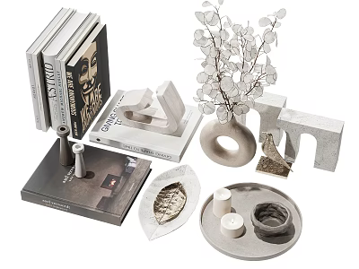 Modern Decorative Ornament Set with Books Geometric Sculptures Vase Eucalyptus Branch Tray and Candles 3d model
