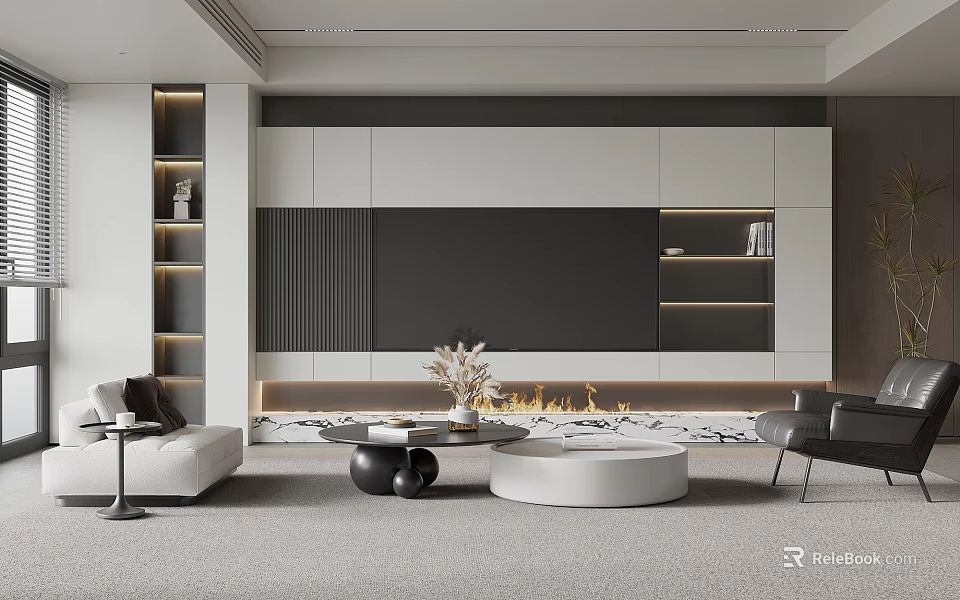 Modern Living Room Interior With Sofa Coffee Tables Fireplace And TV Wall Decor 3d model 