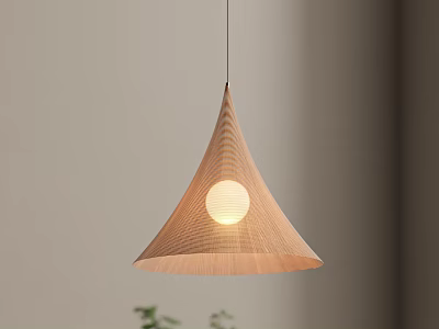 Conical Textured Pendant Light With Round Illuminated Bulb Against Light Colored Wall And Green Plants 3d model