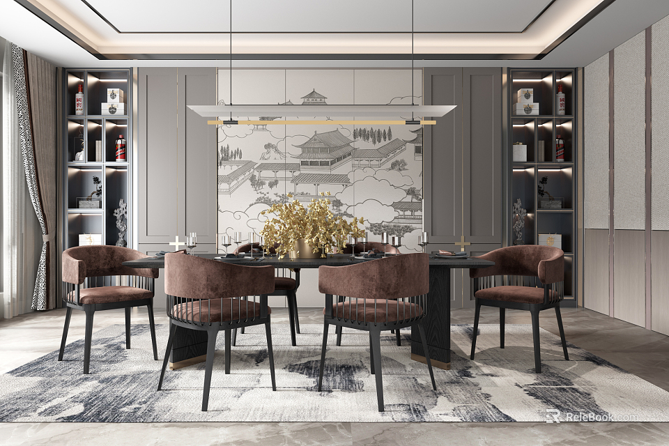 Elegant Restaurant Interior With Wooden Dining Table Brown Chairs Golden Floral Centerpiece And Landscape Painting 3d model 