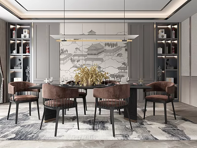 Elegant Restaurant Interior With Wooden Dining Table Brown Chairs Golden Floral Centerpiece And Landscape Painting 3d model