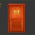 Vibrant Red Toilet Door Interior With Male Female Symbols And Toilets Sign