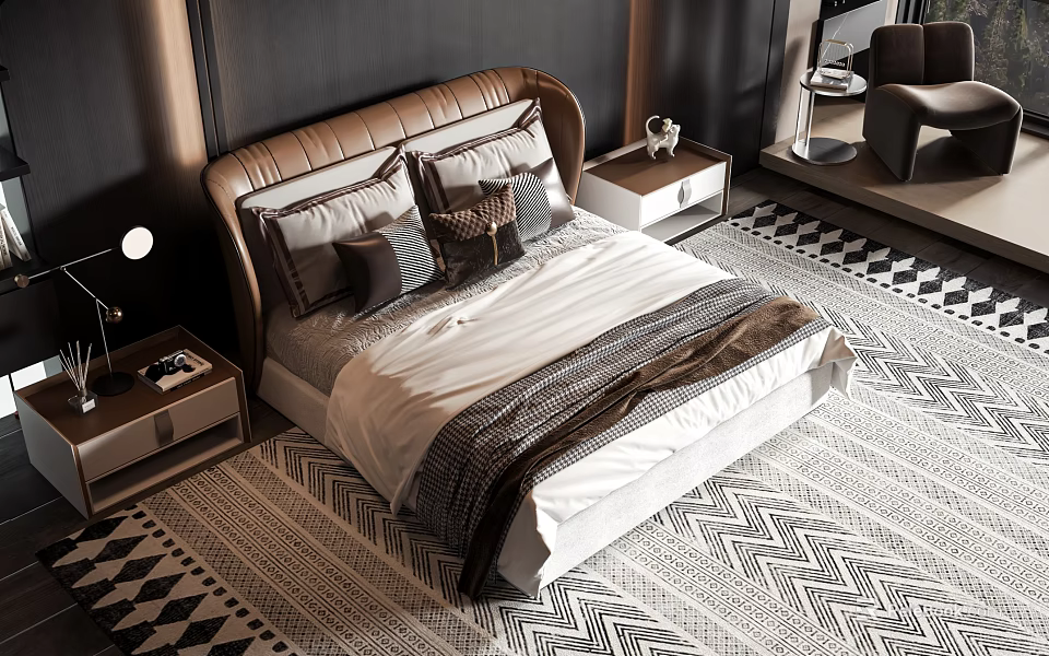 Elegant Double Bed With Brown Headboard Multiple Pillows White Sheets And Black White Geometric Rug 3d model