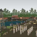 Military Training Base Scene With Soldiers Marching Watchtowers And Facilities