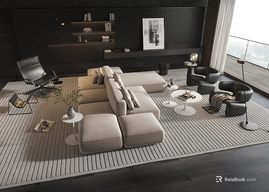 Modern Beige Sofa and Coffee Table Set With Cushions White Tables Black Chairs Living Room 3d model 