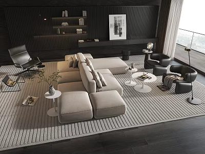 Modern Beige Sofa and Coffee Table Set With Cushions White Tables Black Chairs Living Room 3d model