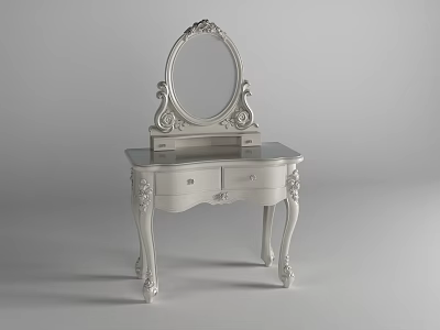 Elegant White Dressing Table with Carved Details and Oval Mirror Design 3d model