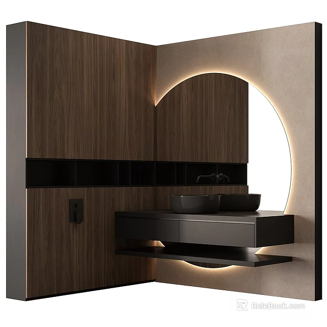 Modern Bathroom Vanity With Wooden Cabinet Black Countertop And Round Mirror Lighting 3d model 