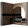 Modern Bathroom Vanity With Wooden Cabinet Black Countertop And Round Mirror Lighting
